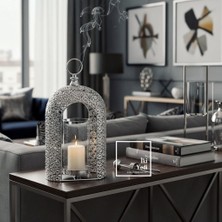 İki Yedi Konsept Luzon 771 Mihenk Işığı Dekoratif Mumluk Fener | Gümüş Taş Detaylı Şık Salon ve Masa Üstü Aksesuarı