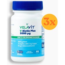 Velavit V- Biotin Plus 5000 Μg - Biotin, Selenyum, Çinko ve Bakır - 60 Tablet - 3 Adet (180 Tablet) - Dezenfektan Hediyeli (%72 Alkol)