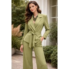 Ayshan Açık Yeşil Kemerli Ceket ve Bol Paça Pantolon Takımı