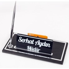 Ofistike Isme Özel Kalemli Gümüş Renk Opta Deri Isimlik Ofis Masaüstü Isimlik Hediye Masa Isimliği