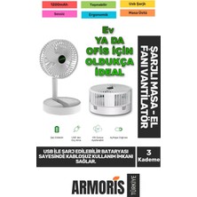 Armoris Yeni Sessiz 3 Kademeli Kablosuz 1200MAH Pervaneli Taşınabilir USB Şarjlı Masa El Fanı Vantilatör