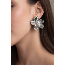 Xuping Jewelry Gümüş Kaplama Incili Çiçek Küpe Dövme Metal Dokulu Antik Bijuteri Küpe