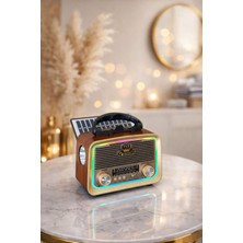 LED Işıklı Nostalji Radyo Bluetooth Güneş Panelli Taşınabilir Şarjlı Retro Hoparlör
