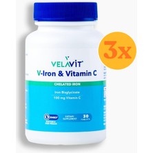Velavit V- Iron & Vitamin C - Demir ve C Vitamini Takviyesi - 30 Tablet - 3 Adet (90 Tablet) - Dezenfektan Hediyeli (%72 Alkol)
