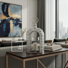 İki Yedi Konsept Luzon 772 Mihenk Işığı Dekoratif Mumluk Fener Işleme Detay Gümüş Tasarım Salon Masa Üstü Aksesuarı