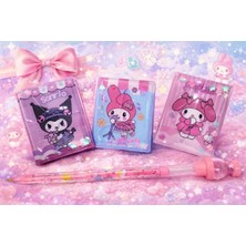 GezegenX Mini Sulu Sticker Defteri, Stickerlı Kuromi Melodi Defter, 3 Defter+1 Kum Saatli Yumurtlayan Kalem