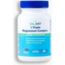 Velavit V- Triple Magnesium Complex - Magnezyum (Sitrat, Malat, Bisglisinat), B6 ve Taurin Içeren Takviye Edici Gıda - 60 Tablet - Dezenfektan Hediyeli (%72 Alkol)