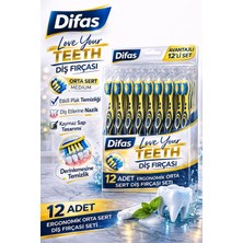 NessiWorld Difaş Love Your Teeth Diş Fırçası 12 Adet Standlı Orta Sert Medium Ergonomik Saplı Manuel Diş Fırçası Seti