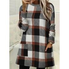 Pazarcan Kadın Uzun Kollu Yarı Balıkçı Yakalı Cep Detaylı Ekoseli Dokuma Tunik