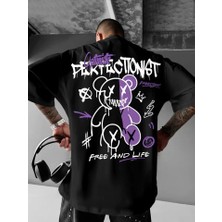 Pazarcan Baskılı Oversize Bisiklet Yaka T-Shirt - Siyah