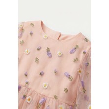Magu Kız Çocuk Pamuklu Somon Çiçek Nakışlı Tül Elbise