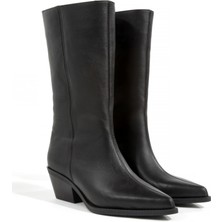 Rella Siyah  Hakiki Deri Diz Altı Kovboy Çizme - Sivri Burun Kalın Topuk Western Kadın Çizme