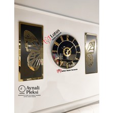 Dekoratif Salon Duvar Saati Seti 50 cm + 2 Parça 50X25 cm Aynalı Pleksi Kelebek Tablo Gold Siyah Modern Duvar Dekoru