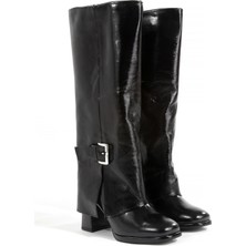 Rella Siyah Tokalı Diz Altı Kalın Topuklu Kadın Çizme - Şık Uzun Günlük Kadın Çizme