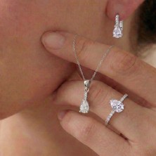 Baleno Concept 925 Ayar Gümüş Üç Sıra Işıltılı Taş Detaylı Damla Model 3'lü Takı Seti - Kolye, Küpe, Yüzük