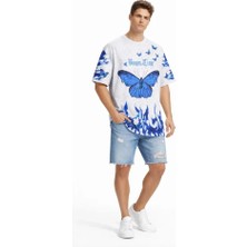 Pazarcan Erkek Asit Yıkamalı Oversize Tişört Baskılı Dijital Print Bisiklet Yaka T-S