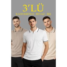 Pazarcan Erkek 3’lü Paket Dokuma Triko Fermuarlı Yakalı Fitilli Kısa Kollu Regular Tişört - Kahverengi,