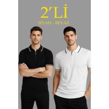 Pazarcan Erkek 2’li Paket Dokuma Triko Fermuarlı Yakalı Fitilli Kısa Kollu Regular Tişört - Beyaz - Siy