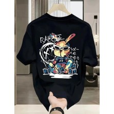 Pazarcan Baskılı Oversize Bisiklet Yaka T-Shirt - Siyah