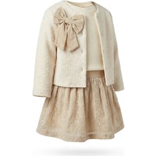 Babyrose Kız Bebek Bayramlık Elbise Takımı Fiyonklu Hırkalı Krem Renk Özel Gün Kombini