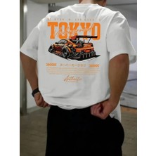 Pazarcan Baskılı Oversize Bisiklet Yaka T-Shirt - Beyaz