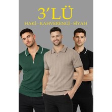 Pazarcan Erkek 3’lü Paket Dokuma Triko Fermuarlı Yakalı Fitilli Kısa Kollu Regular Tişört - Kahverengi,