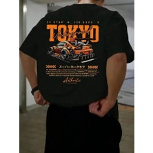 Pazarcan Baskılı Oversize Bisiklet Yaka T-Shirt - Siyah