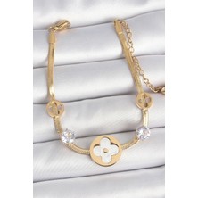 Pazarcan Çelik Gold Renk Italyan Zincir Beyaz Mineli Yonca Model Zirkon Taş Detaylı Kadın Bileklik