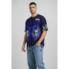 Pazarcan Erkek Lacivert Oversize Tişört Dragon - Kuru Kafa Baskılı Bisiklet Yaka T-Shirt - Lacive