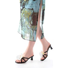 Pazarcan S-622 Siyah Orkide Detaylı Ince Topuklu Kadın Terlik