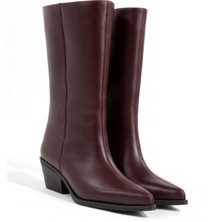 Rella Bordo Hakiki Deri Diz Altı Kovboy Çizme - Sivri Burun Kalın Topuk Western Kadın Çizme