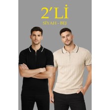 Pazarcan Erkek 2’li Paket Dokuma Triko Fermuarlı Yakalı Fitilli Kısa Kollu Regular Tişört - Bej - Siyah