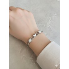 Lia Charm Paslanmaz Çelik Ikili Zincir Tasarımlı Beyaz Kalp Figürlü Kadın Bileklik