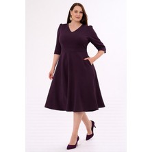 Ruris Kadın Mürdüm V Yaka Cepli Truvakar Kol Midi Kloş Double Kumaş Büyük Beden Elbise