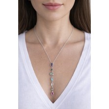 Lia Charm Gümüş Renkli Doğal Taşlı Paslanmaz Çelik Dikey Sıralı Y Kolye