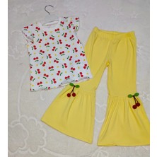 DMR Elegance 1-2-3-4 Yaş Kiraz Baskılı Tişört Ispanyol Paçalı Likralı 2li Kız Çocuk Takımı Sarı