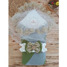 DMR Elegance Yenidoğan Teri Cotton Taç Nakışlı Prizma Taş Kundak Bebek Battaniyesi Yeşil