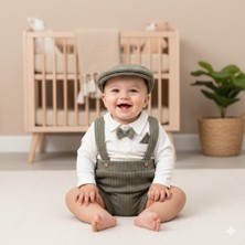 GENYBABY Erkek Bebek Salopet Takımı 3 Parça – Papyonlu Gömlek, Kadife Salopet Pantolon ve Şapka – Şık Bebek