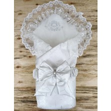 DMR Elegance Yenidoğan Pırıltı Taç Nakışlı Inci Delüks Kundak Bebek Battaniyesi Ekru