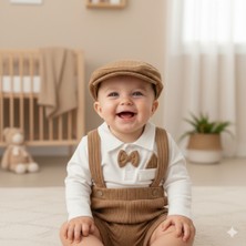 GENYBABY Erkek Bebek Salopet Takımı 3 Parça – Papyonlu Gömlek, Kadife Salopet Pantolon ve Şapka – Şık Bebek