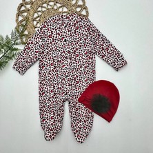 DMR Elegance 0-3-6-9 Ay Leopar Baskılı Tam Boy Çıtçıtlı Patikli Güllü Boneli Kız Bebek Tulumu Bordo