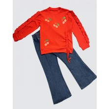 DMR Elegance 4-5-6 Yaş Kot Pantolonlu Kiraz Desenli Penye Sweat Uzun Kollu 2li Kız Çocuk Takımı Kırmızı