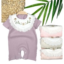 DMR Elegance 3-6-9-12 Ay Bebe Yaka Çiçek Nakışlı Pamuklu Petek Penye Yazlık Kız Bebek Tulumu