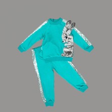 DMR Elegance 1-2-3 Yaş Payetli Pelüş Tavşan Desenli Likra Penye Kumaş Sweat Pantolonlu Kız 2li Çocuk Takımı Mint Yeşili