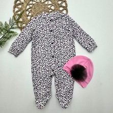 DMR Elegance 0-3-6-9 Ay Leopar Baskılı Tam Boy Çıtçıtlı Patikli Güllü Boneli Kız Bebek Tulumu Pembe
