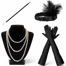 Buğz 1920’LER Çarliston Aksesuar Seti – Inci Kolye, Eldiven,  Tutucu, Siyah Saç Bandı