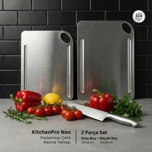 Metal Hayaller Kitchenpro Neo Paslanmaz Çelik Kesme Tahtası 2 Parça Set (Orta Boy - 26X34 cm / Büyük Boy - 29X38 Cm)