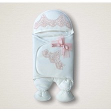 DMR Elegance Yenidoğan Fistolu Fiyonk Kurdelalı Şapkalı Lüks Kız Erkek Bebek Ayaklı Kundak Bebek Battaniyesi Pembe