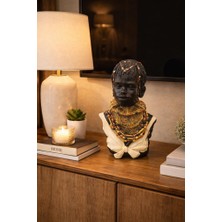 Afrikalı Kadın Büst Biblo 36 cm – Etnik Salon Dekorasyonu, Afrika Temalı Dekoratif Heykel, Konsol ve Şömine Üstü Dekor Objesi