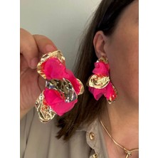 ALS Tasarım Dünyası Kadın Gold Renk Metal Araları Pembe Tül Detaylı Şık Renkli Küpe